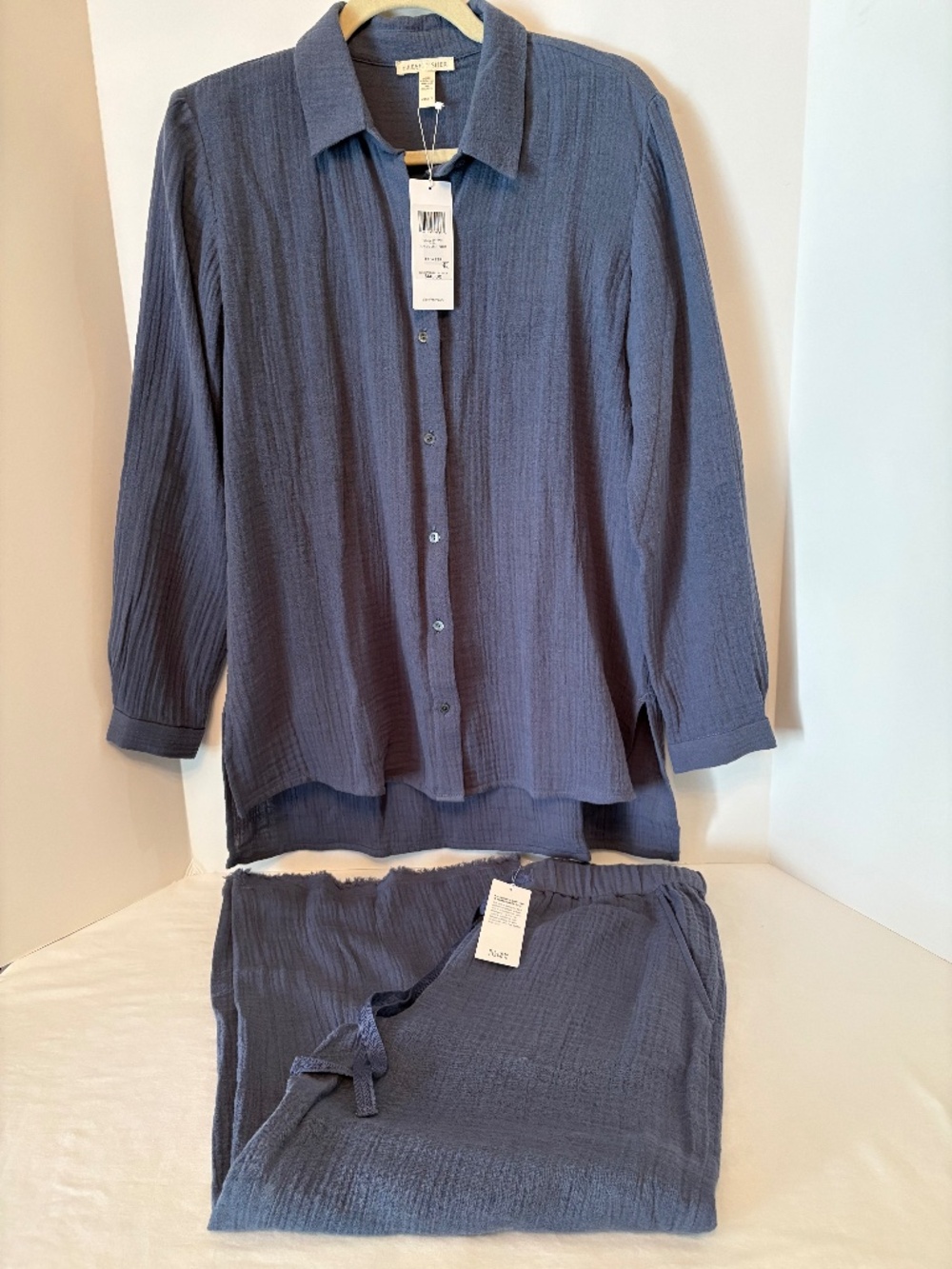 Eileen Fisher SET: Organic Cotton Gauze Shirt and Pants Dusk Blue XXS NWT